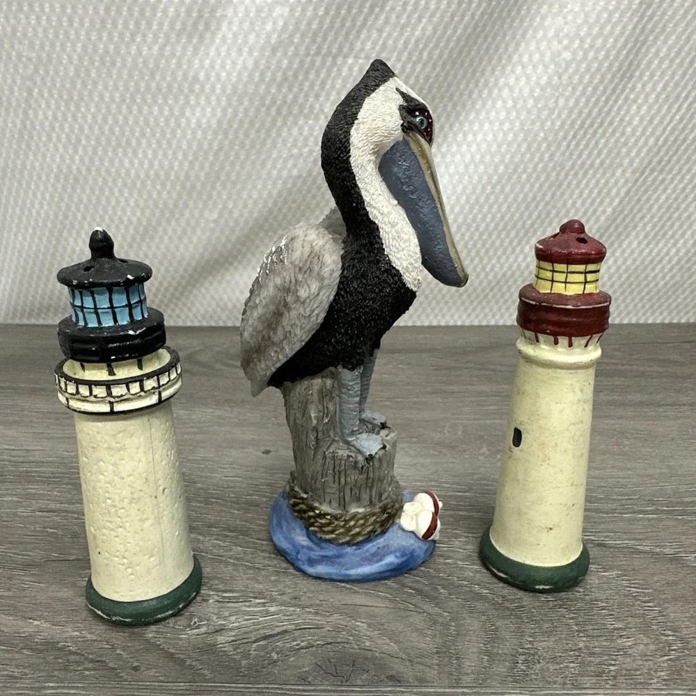 Lighthouse Pelican Salt Pepper Shaker Set 3pc Tan Blue Good Nautical Ocean Decor